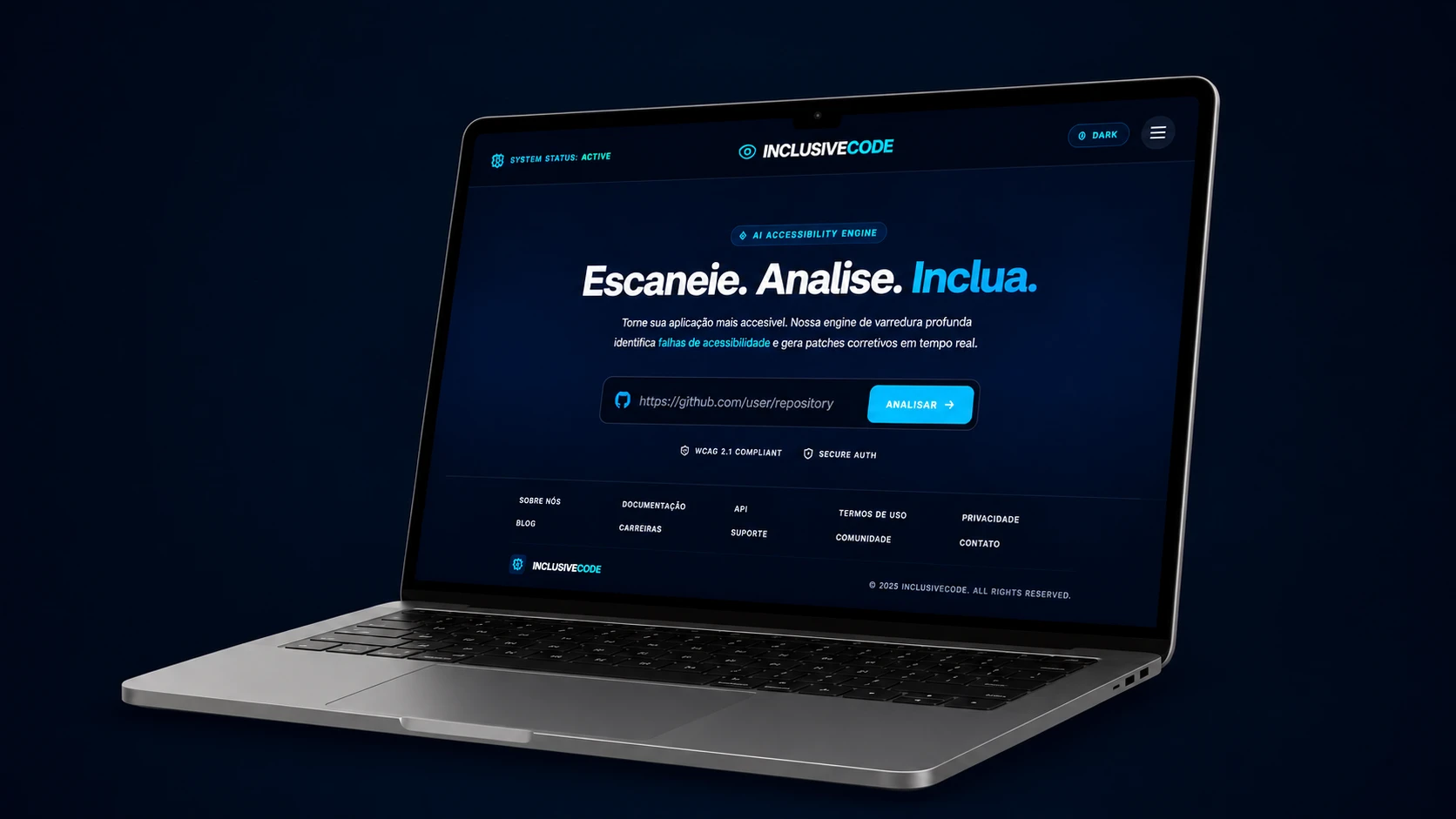 Tela inicial do InclusiveCode em um notebook